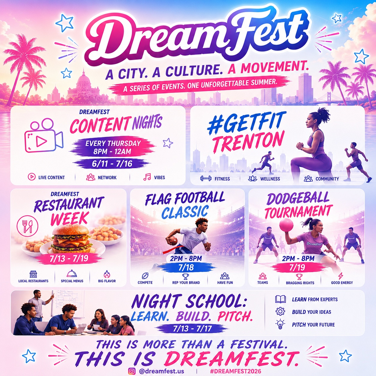 DreamFest 2026 graphic with event listings for Trenton.
